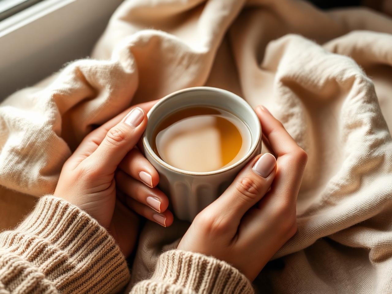 Hands warming around a cup of herbal tea wrapped in a soft blanket
